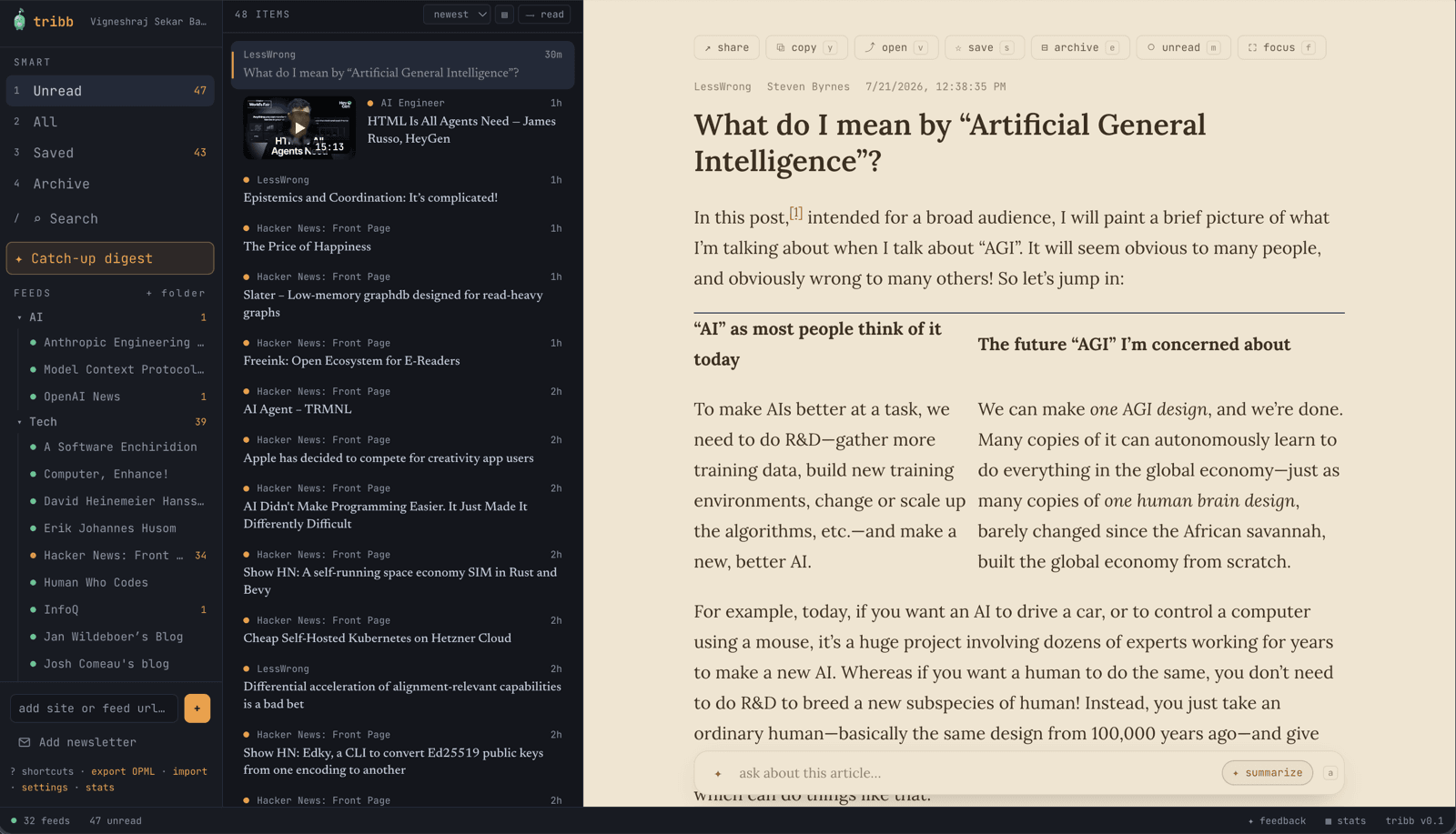 Tribb on the web — the three-pane reader: feeds, the unread list, and an open article