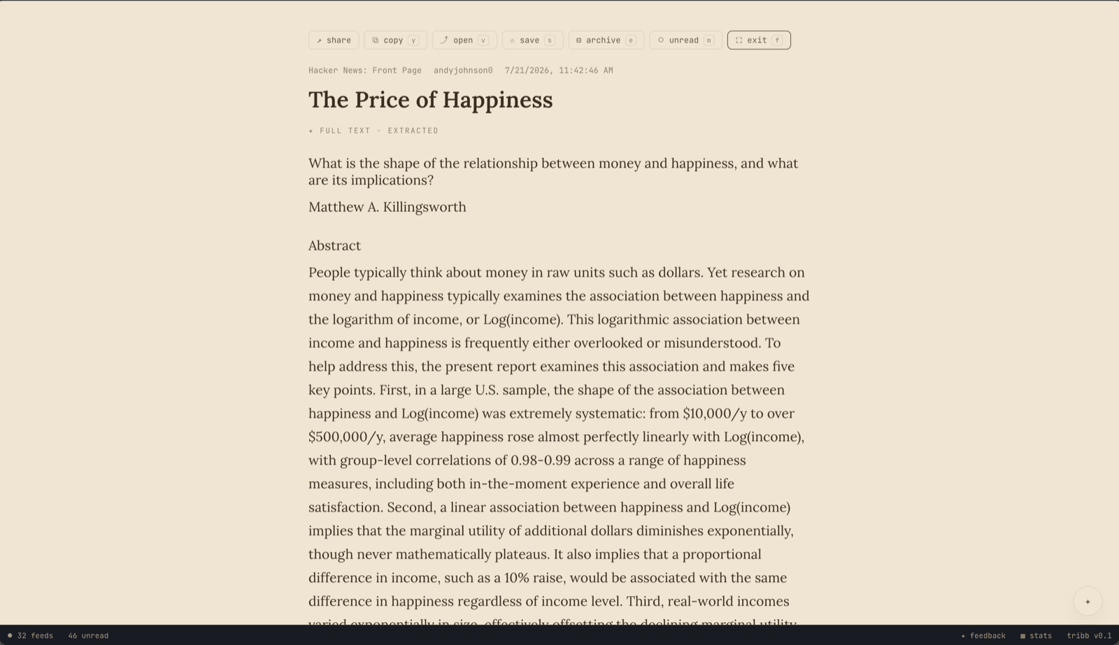 Tribb on the web — an article in focus mode with the full text extracted