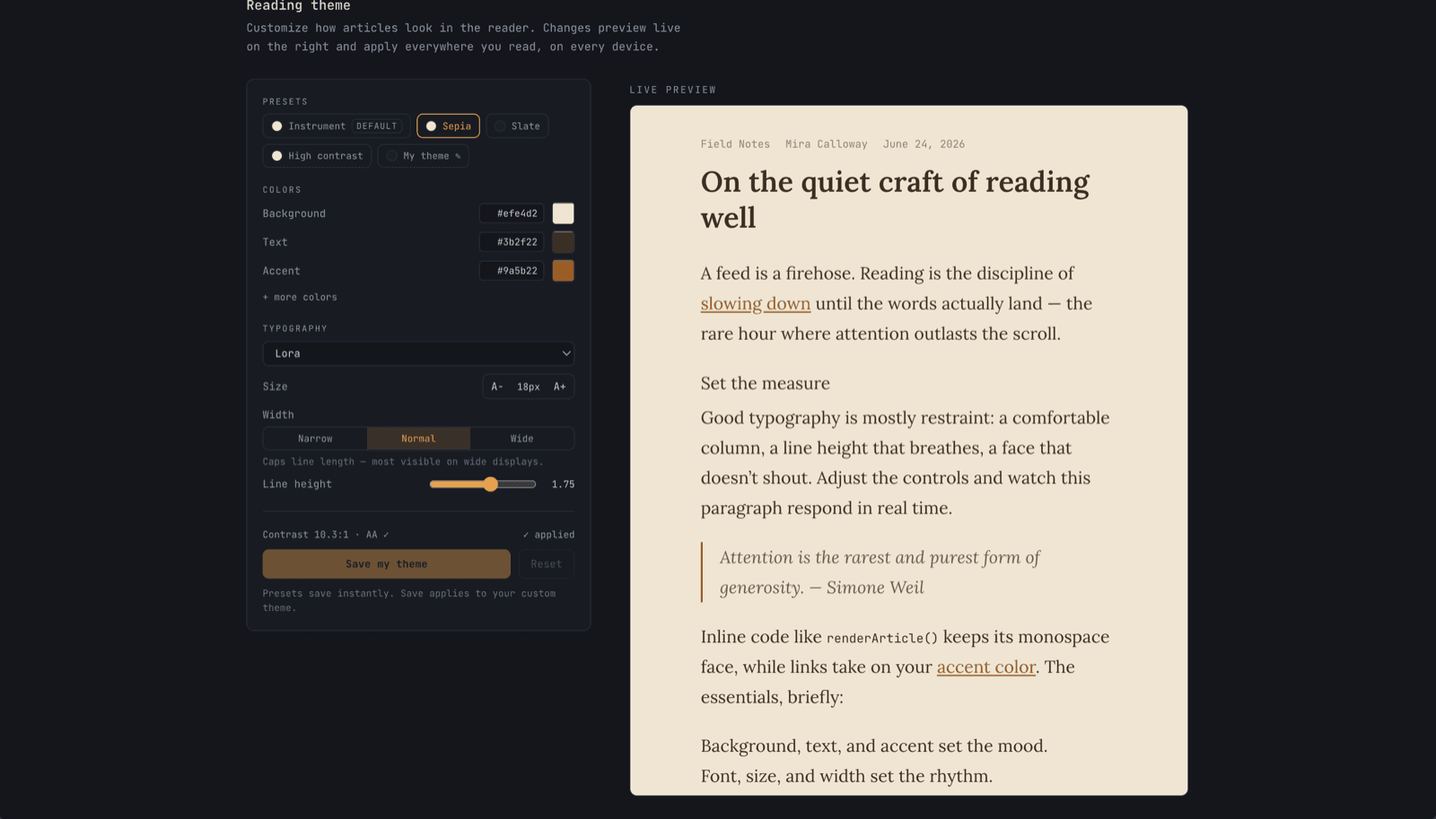 Tribb on the web — the reading-theme editor with a live preview