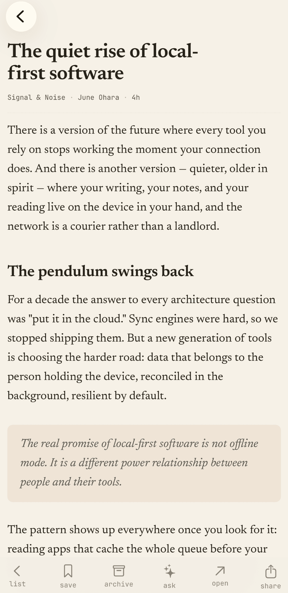 Tribb on iPhone — reading an article in a clean, paper-like view