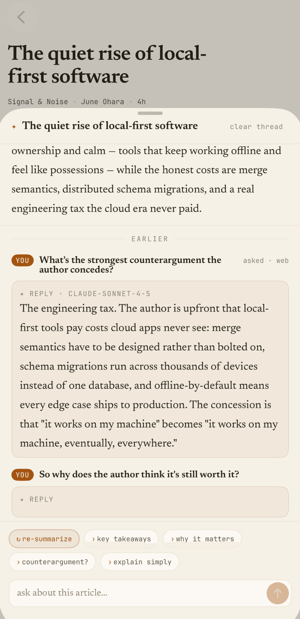 Tribb on iPhone — asking the AI about the open article, on your own key
