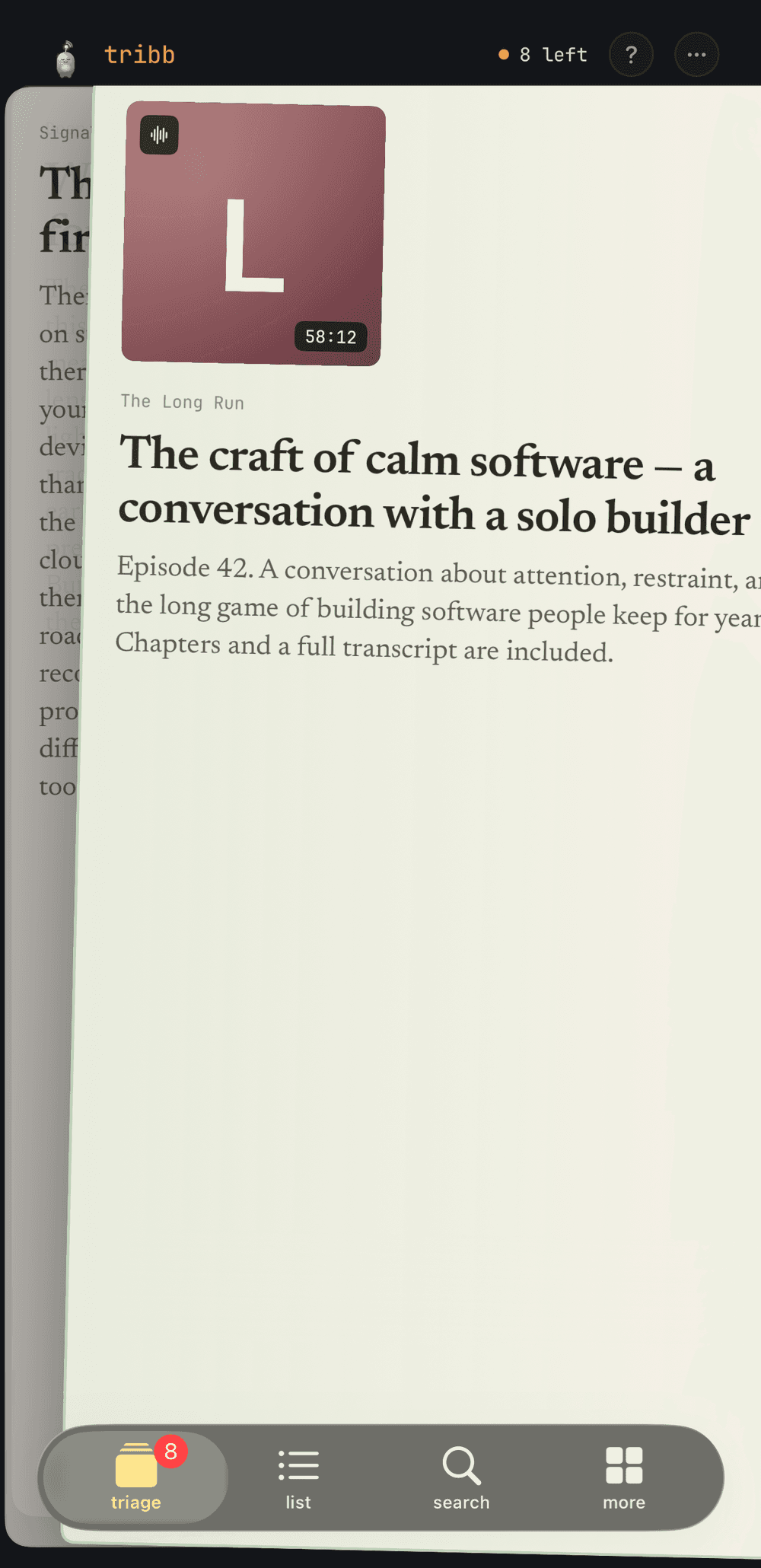 Tribb on iPhone — a podcast episode up for sorting, the tab bar along the bottom
