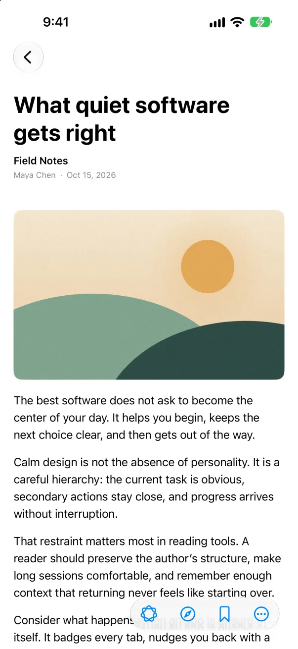 An open article, What quiet software gets right, with its illustration and opening paragraphs.