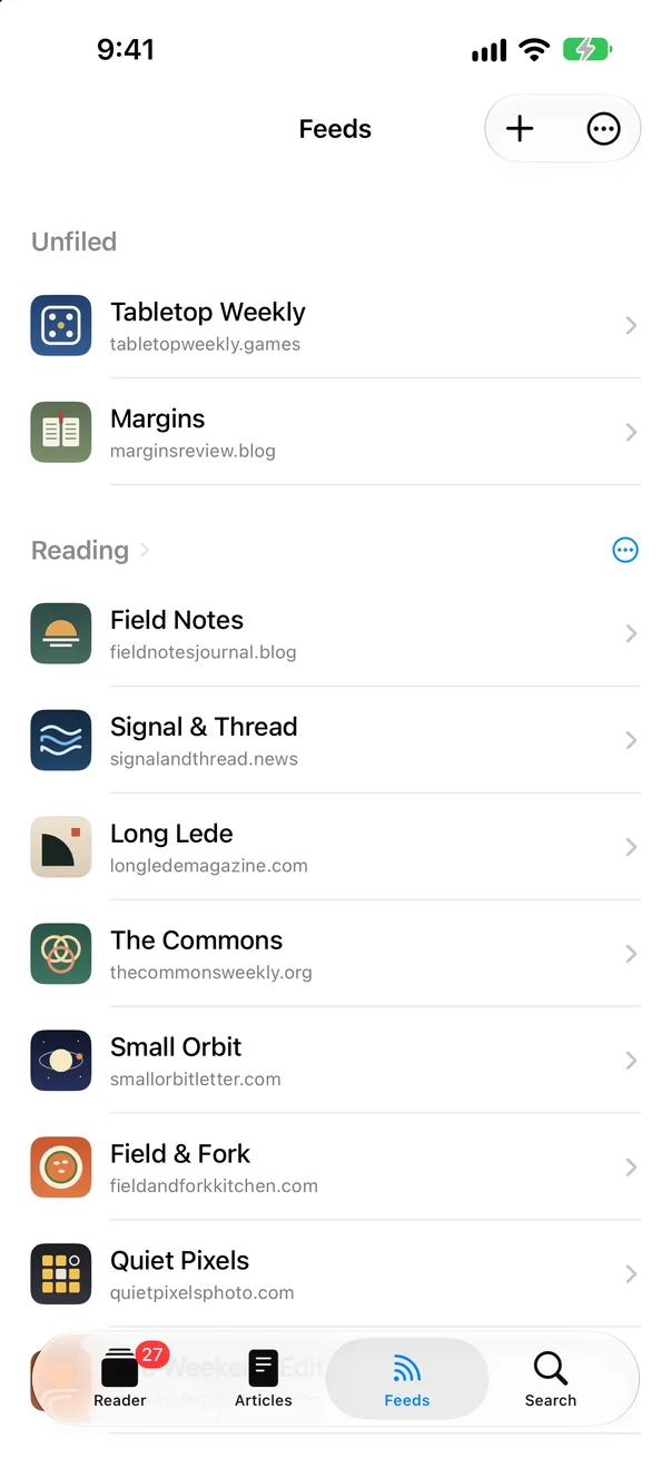 Feeds: sources grouped in folders, each with its own artwork.