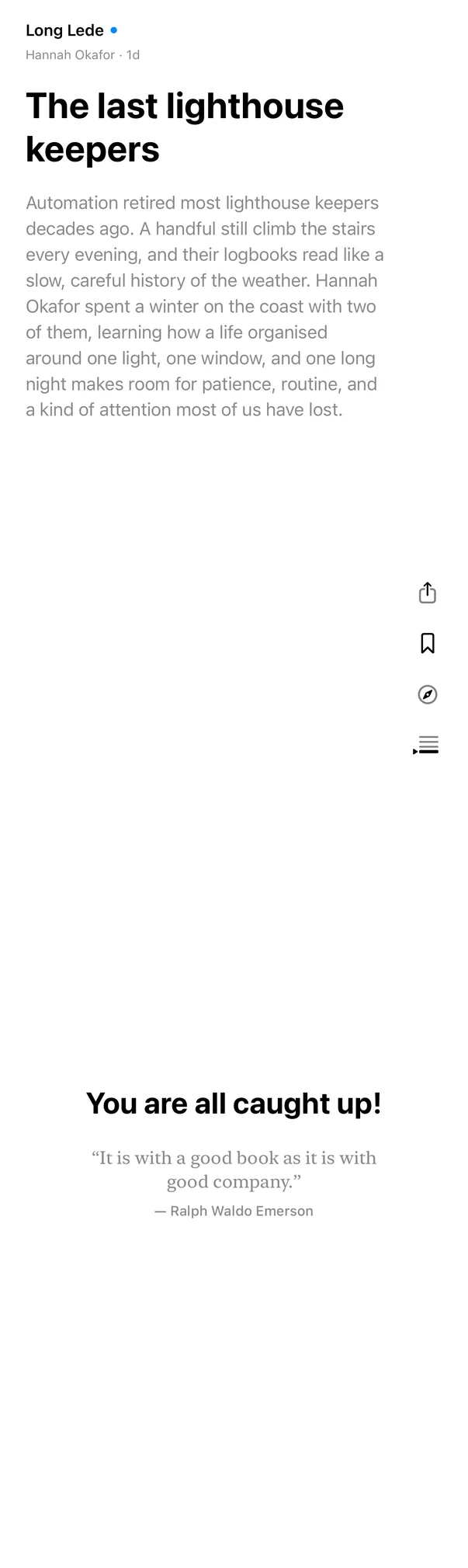 The Reader’s last unread post, The last lighthouse keepers, scrolling up to the end of the feed: You are all caught up.