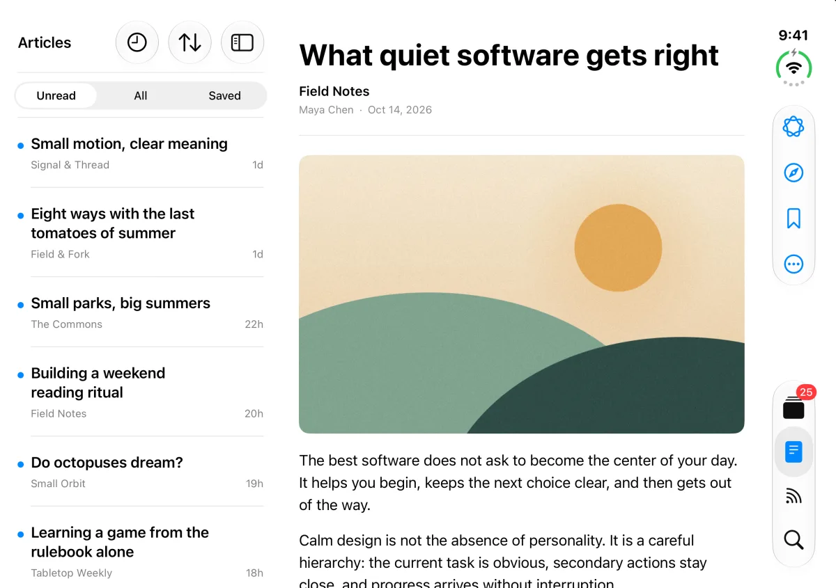 The same article on a wide, unfolded screen, beside the Articles list.