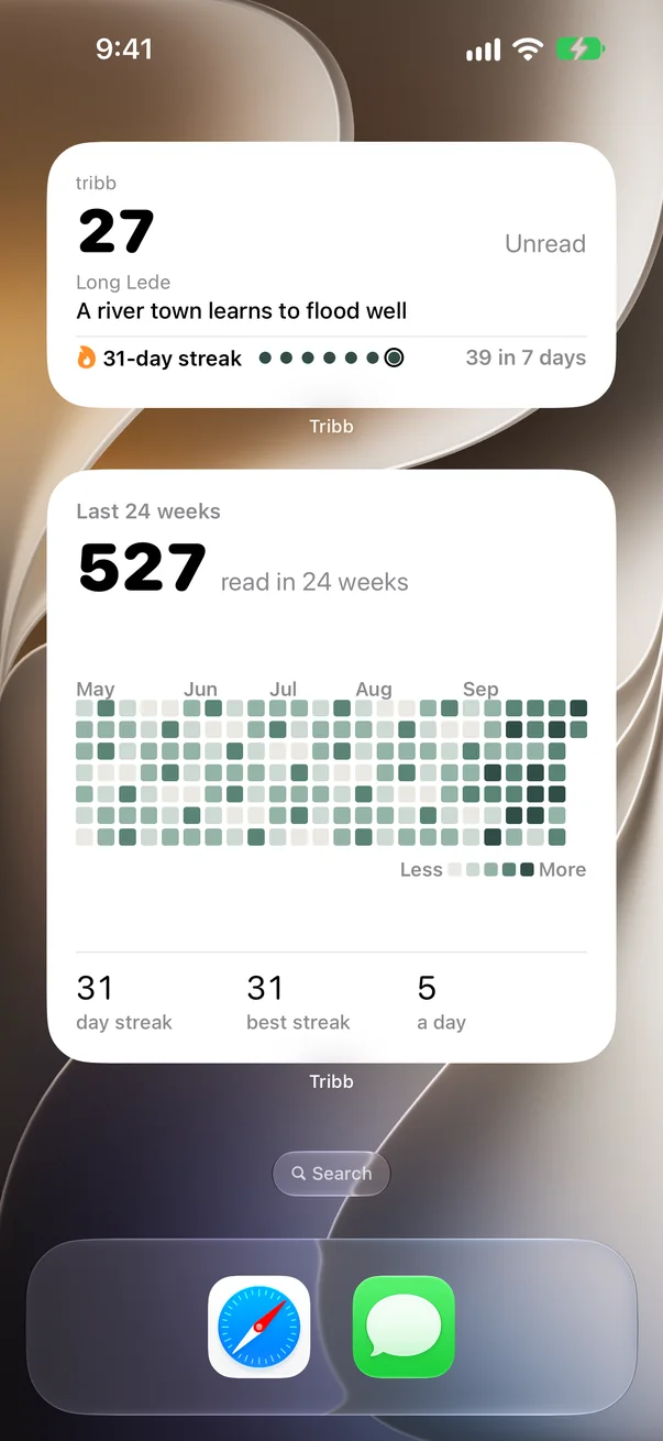 The Home Screen with two Tribb widgets: 27 unread with the newest headline and a 31-day streak, and a 24-week reading heatmap.