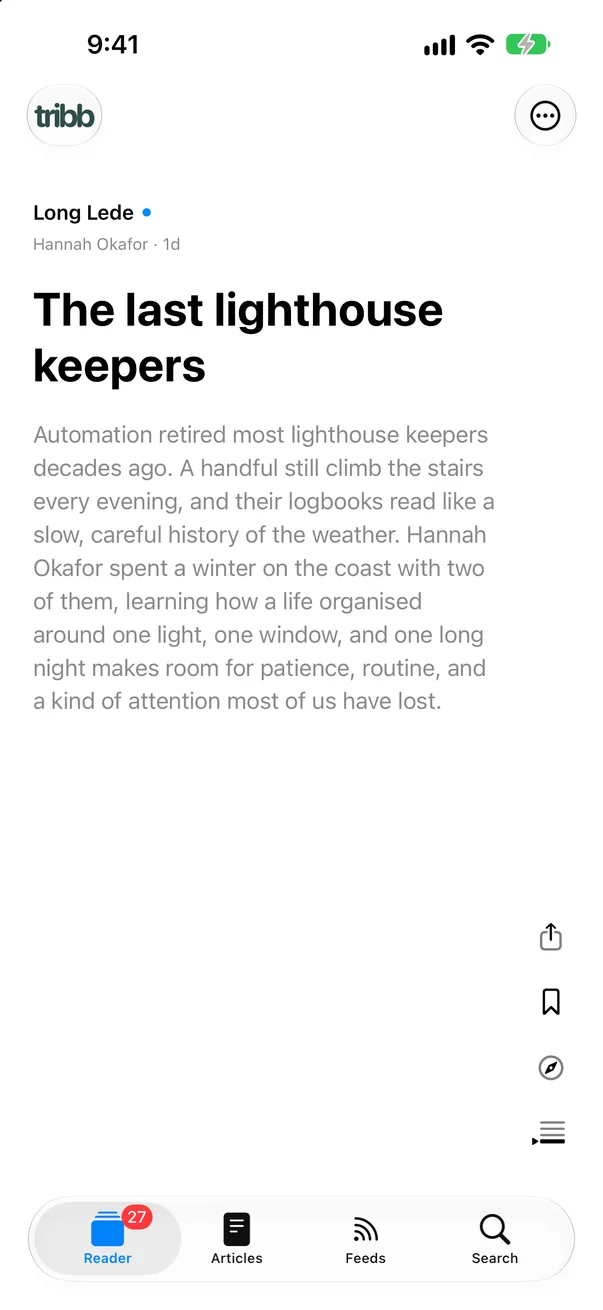 Tribb’s Reader showing one unread post, The last lighthouse keepers, and its opening paragraph.