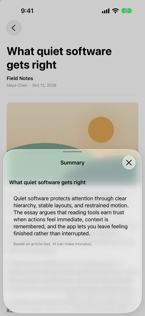 The Summary sheet over the article: a five-line summary of What quiet software gets right, with the note that AI can make mistakes.