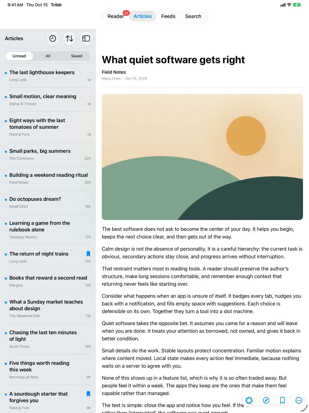 What quiet software gets right beside the Articles list on a larger screen.